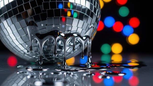 A silver disco ball melting onto a reflective surface.