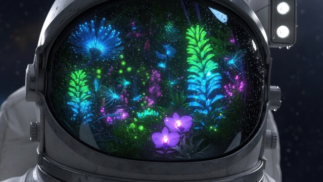An astronaut's helmet visor reflecting a bioluminescent alien forest.
