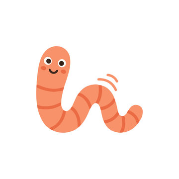 Cute Earthworm Character Illustration, Kawaii Pink Worm Crawling, Flat Vector Element for Kids Garden and Nature Theme