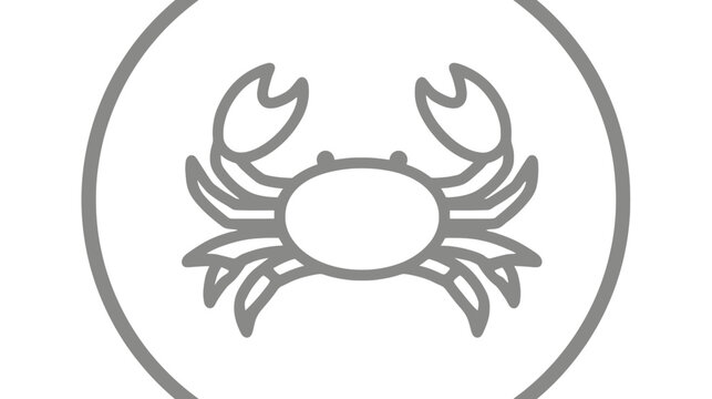 A gray crab illustration enclosed in a circular frame, set against a white background