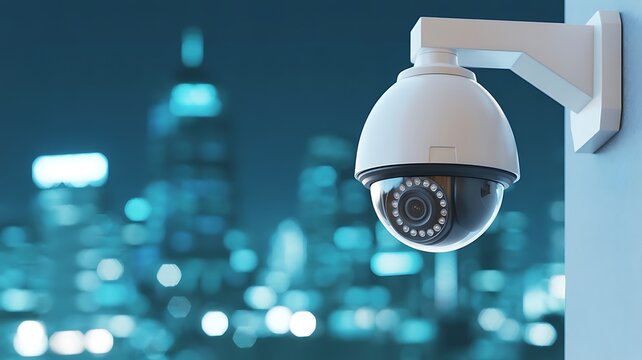 A close-up photograph of a white dome security camera mounted on a wall overlooking a blurred cityscape at night with blue lights.
