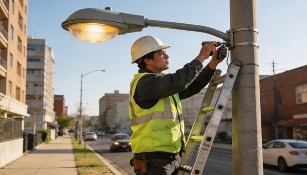 City worker fixing streetlight on ladder beside road in bright daytime maintenance scene