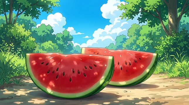Two fresh watermelon slices resting on a dirt path in a lush green forest during summer day
