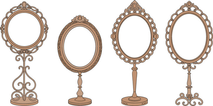 Vintage tabletop mirror set with ornate decorative frames, antique vanity mirrors collection, elegant classic vector illustration