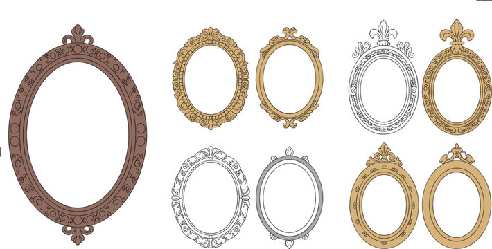 Vintage oval frame collection with ornate decorative borders, classic antique picture frames set for elegant design vector illustration