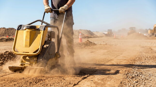 Worker operating vibratory plate compactor on dusty construction site, preparing ground for road development.
