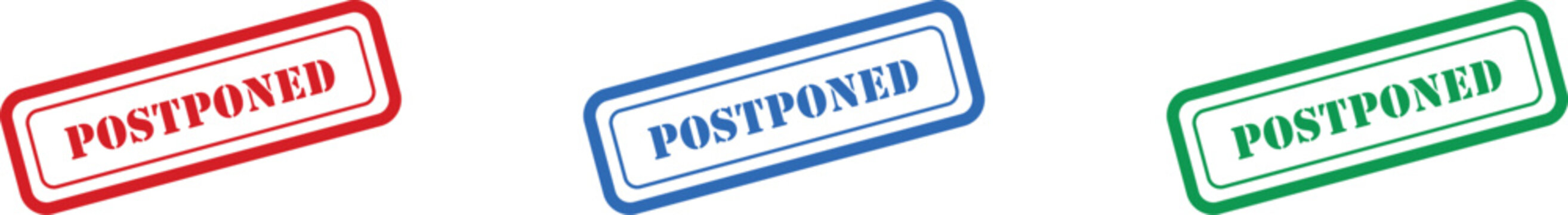 A variety of postponed rubber stamp labels in red, blue, and green for official documents
