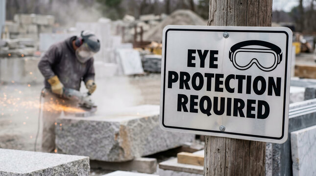 Workplace safety sign "Eye Protection Required" with worker using grinder, stone yard background, industrial health and safety compliance.