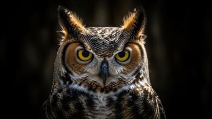 Obraz premium An intense, dramatic portrait of a great horned owl.
