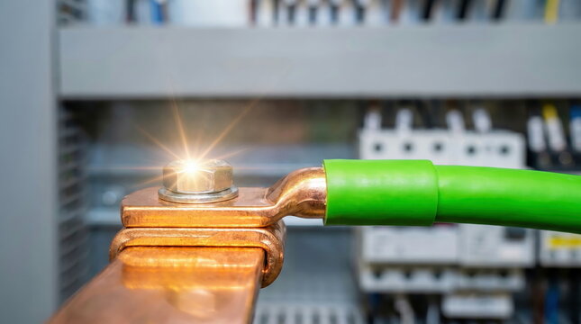 Electrical grounding connection on copper busbar with green wire and bright spark, safety in power systems.
