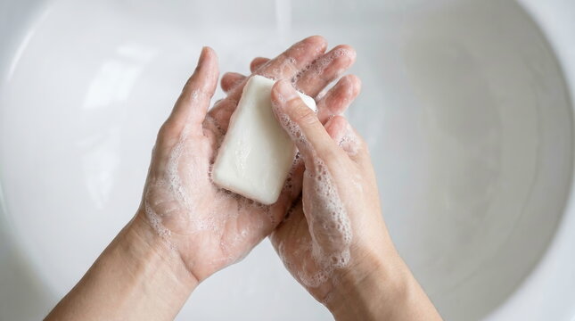 Handwashing with soap, creating lather in white bathroom sink, promoting hygiene and health practices.