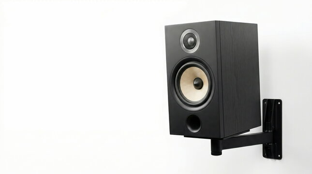 A black bookshelf speaker with a textured wooden finish is wall-mounted on an articulating bracket against a clean white background. Its beige woofer cone and silver tweeter stand out.