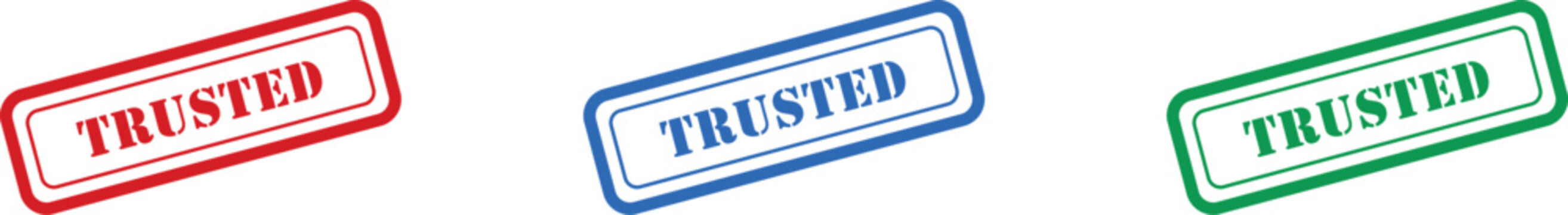 Set of three colorful rectangular rubber stamps featuring the word TRUSTED representing reliability and credibility