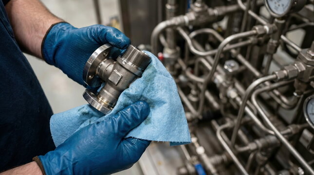 Worker in blue gloves wiping metal fitting in industrial facility, showing equipment maintenance and quality inspection.