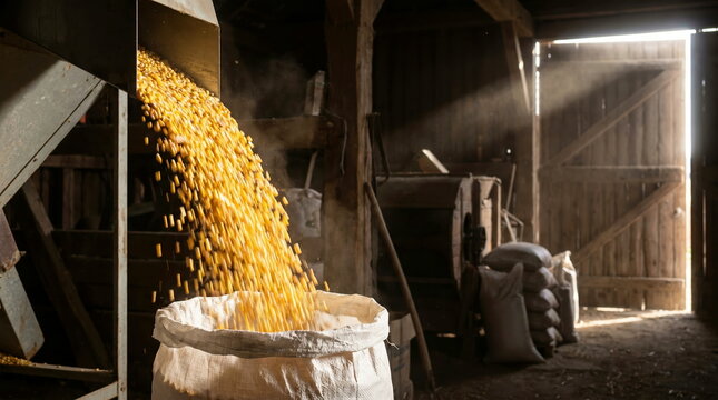 Golden corn kernels flowing into burlap sack from chute inside rustic barn, symbolizing harvest and agricultural storage.