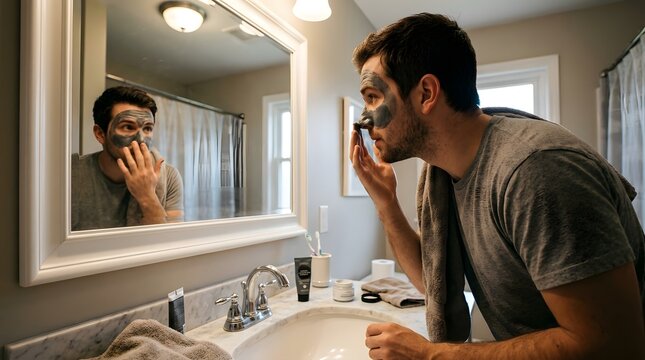 Man using a grey charcoal face mask at the bathroom sink for a male grooming and skincare routine concept, side profile looking in the mirror