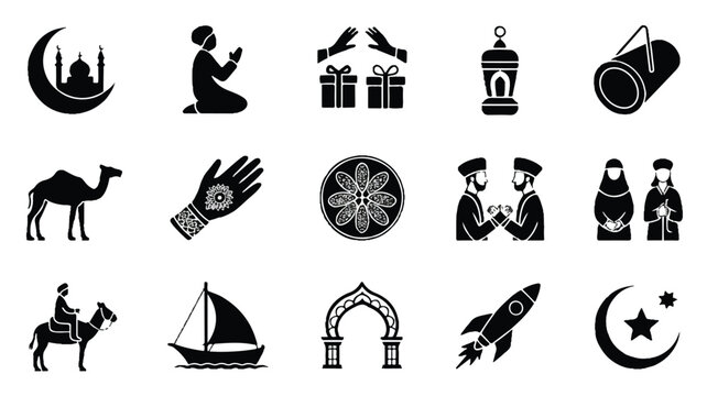 A set of 12 black and white minimalist icons depicting various cultural and symbolic elements.