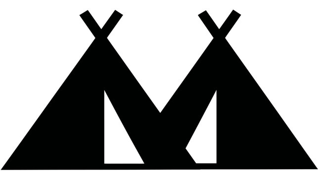 Black silhouette illustration of two teepees against a white background