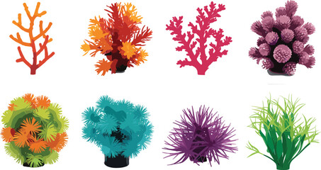 Colorful coral reef plants set with sea flora and underwater decoration elements, marine aquarium collection, vibrant vector illustration © Mst