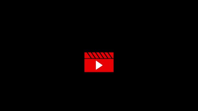 A stylized red and black clapperboard sits above a bright red play button symbol, both centered on a solid black background, representing production, making, and digital media playback initiation
