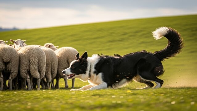 An intense Border Collie dog working to herd sheep.