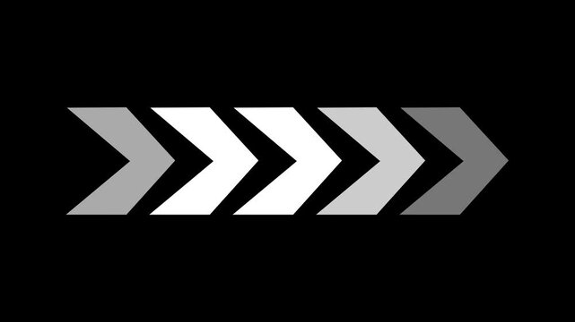 Row of Five Chevron Arrows Progressing from Light Gray to Dark Gray on a Black Background Symbolizing Forward Movement