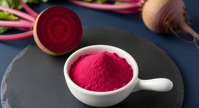 Fresh beetroot powder in a small bowl with raw beetroots on a dark background.