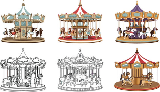 Carousel merry go round set with colorful and outline versions, amusement park ride collection, vintage fair attraction vector illustration