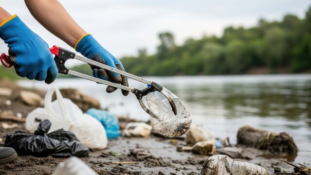 A person cleaning up plastic waste from a riverbank with a litter picker.