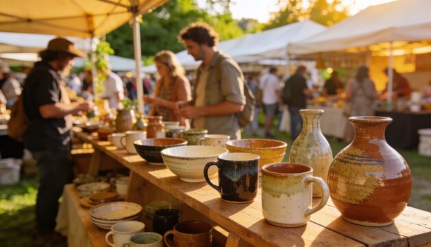 People at a craft market selling pottery on wooden table with warm evening lights