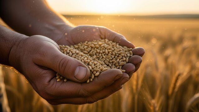 A farmer holding a handful of wheat kernels in a golden field.