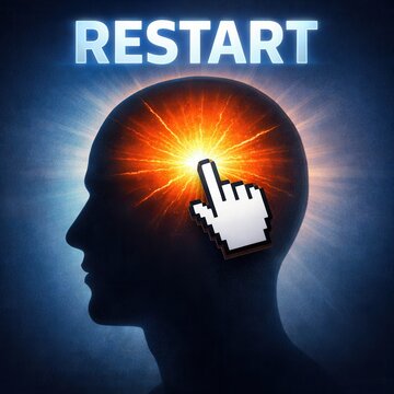 human brain restart concept with glowing light and digital reset button for innovation and fresh start