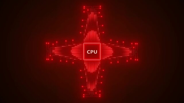 Glowing red circuit board pattern with the letters CPU in the center, symbolizing central processing unit and computer hardware