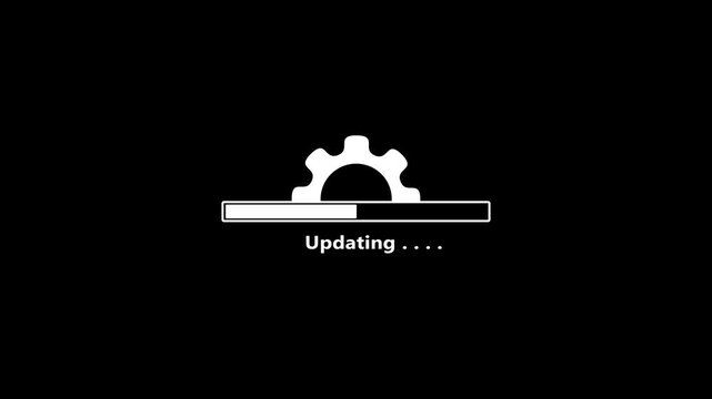 White gear and progress bar with the word Updating and dots, indicating a software update or loading process on a black screen