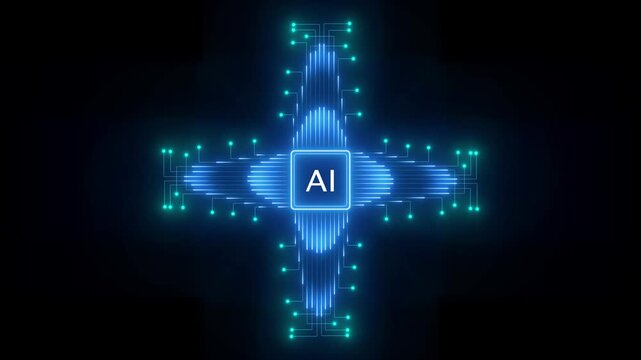 Glowing blue circuit board pattern with the letters AI in the center, representing artificial intelligence and advanced technology concepts
