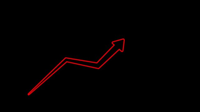 A single red outlined arrow shape pointing to the right and slightly upwards on a black background representing direction progress movement and forward momentum in a minimalist style