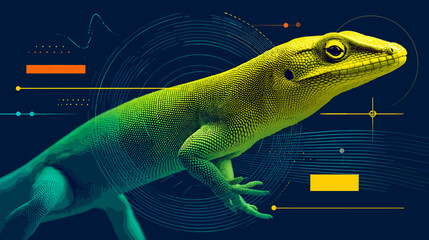 A vibrant digital illustration of a lizard, showcasing detailed scales and a stylized geometric background