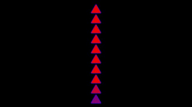 A vertical column of eight red triangle shapes with blue outlines stacked on of each other against a black background representing upward movement progression and list