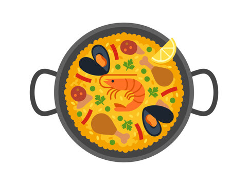 Flat illustration of paella in a pan with shrimp and mussels