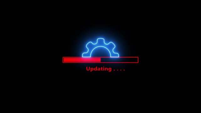 Blue neon gear and red progress bar with the word Updating and dots, signifying a software update or loading process with neon effect