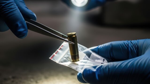 A gloved hand using tweezers to pick up a bullet casing as forensic evidence.