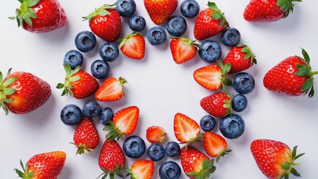 Fresh strawberries and blueberries arranged in a circular pattern on white