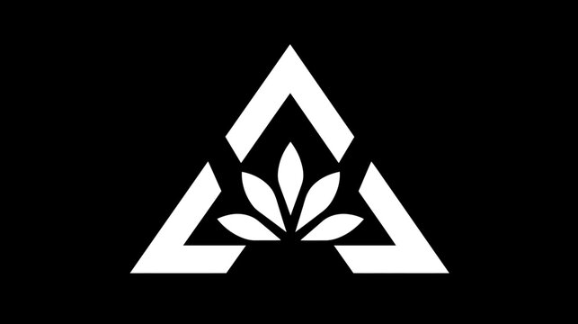 A geometric, monochromatic design featuring three triangles and stylized floral elements