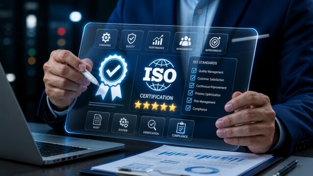 ISO certification quality management standards compliance with audit, verification, business process improvement, risk management, performance control and certified excellence concept