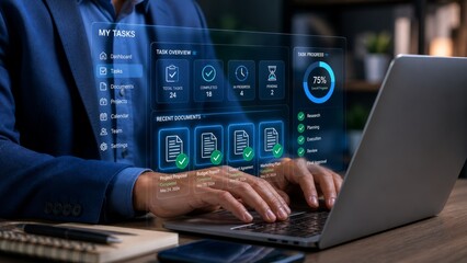 Fototapeta premium Task management dashboard with project planning, workflow tracking, productivity monitoring, business organization, task progress, team collaboration, document management, and digital work management 