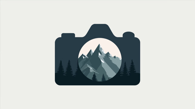A silhouette illustration of a camera with mountain, pine tree and circle background inside