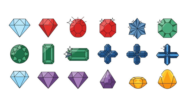 Colorful gemstones and jewels icons set.