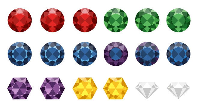 Colorful precious gemstones in rows.