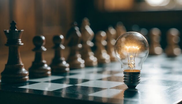 Light bulb on a chessboard, a symbol of ideas, strategy and problem solving concept