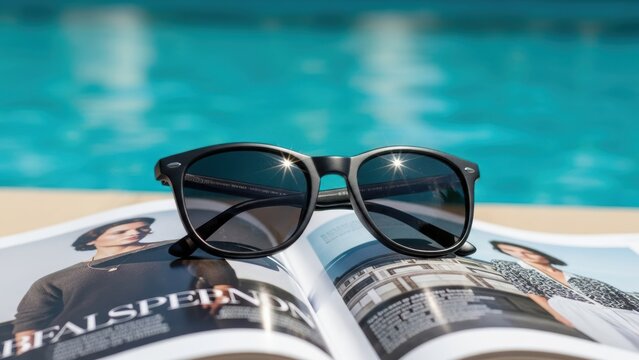 A pair of black sunglasses resting on an open magazine next to a swimming pool.